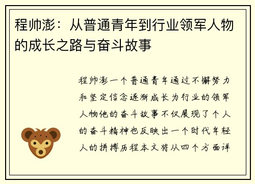 程帅澎：从普通青年到行业领军人物的成长之路与奋斗故事